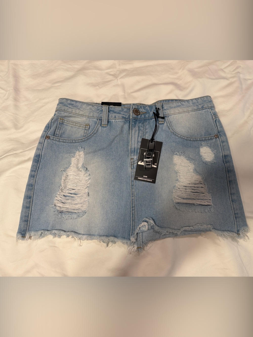 8th of LA Just Enough Light Blue Distressed Denim Mini Skirt- Women